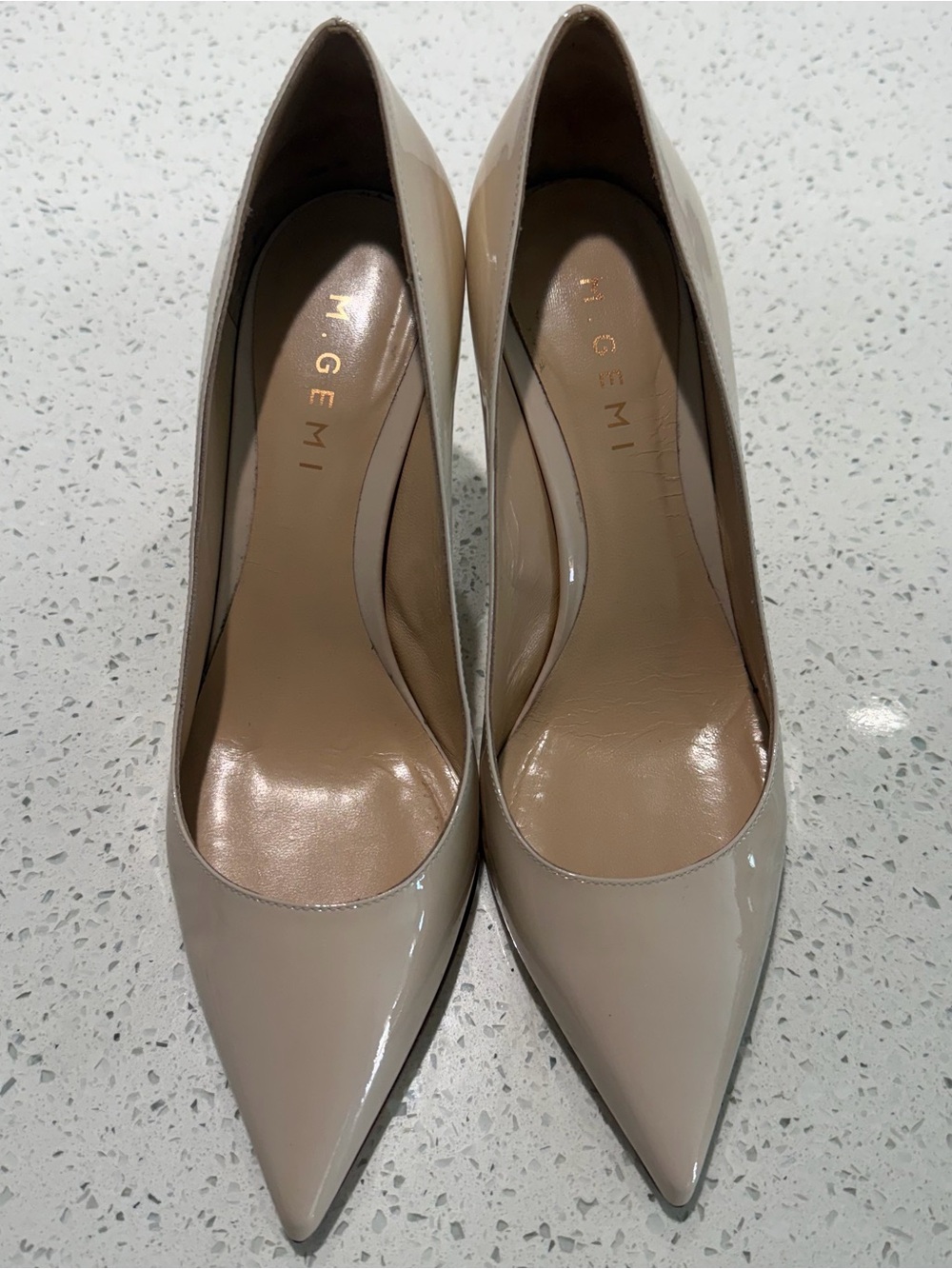 MGEMI Women's Pointed Patent Pump in Nude Beige
